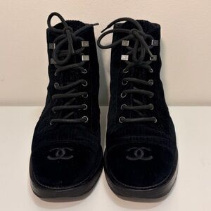 CHANEL Black Velvet Lace Up Boots